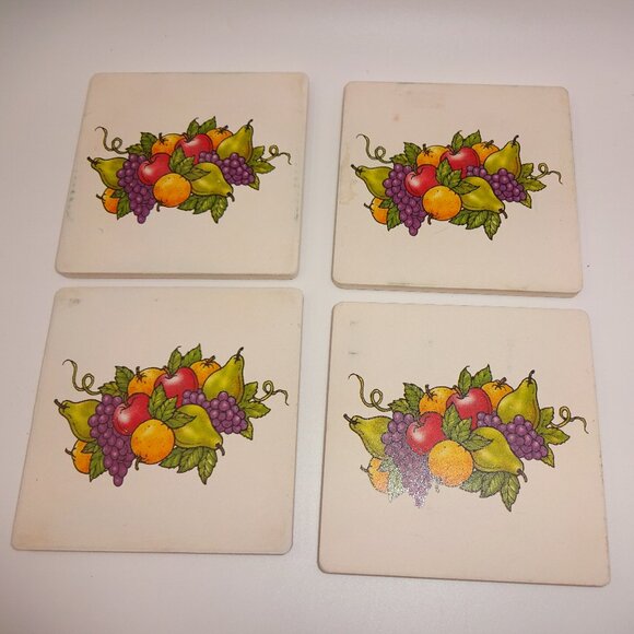 Set of 4 Vintage Sandstone & Cork Coasters Fruit Grapes Pears Apples Taiwan - Picture 1 of 7